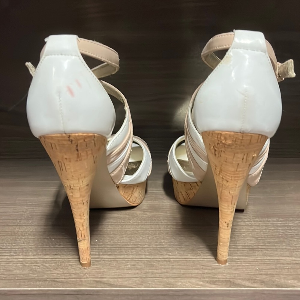 GUESS Strappy White Nude Cork Platform Heels Size 6 - Picture 5 of 6